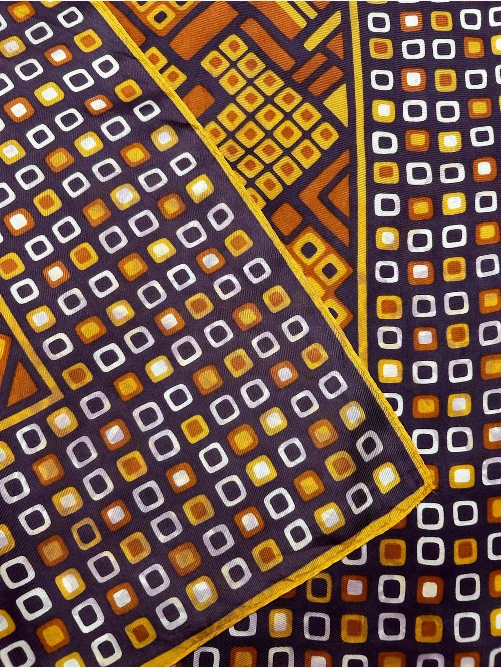 Vintage Mod Geometric Square Scarf Brown Orange Retro Silk Scarf